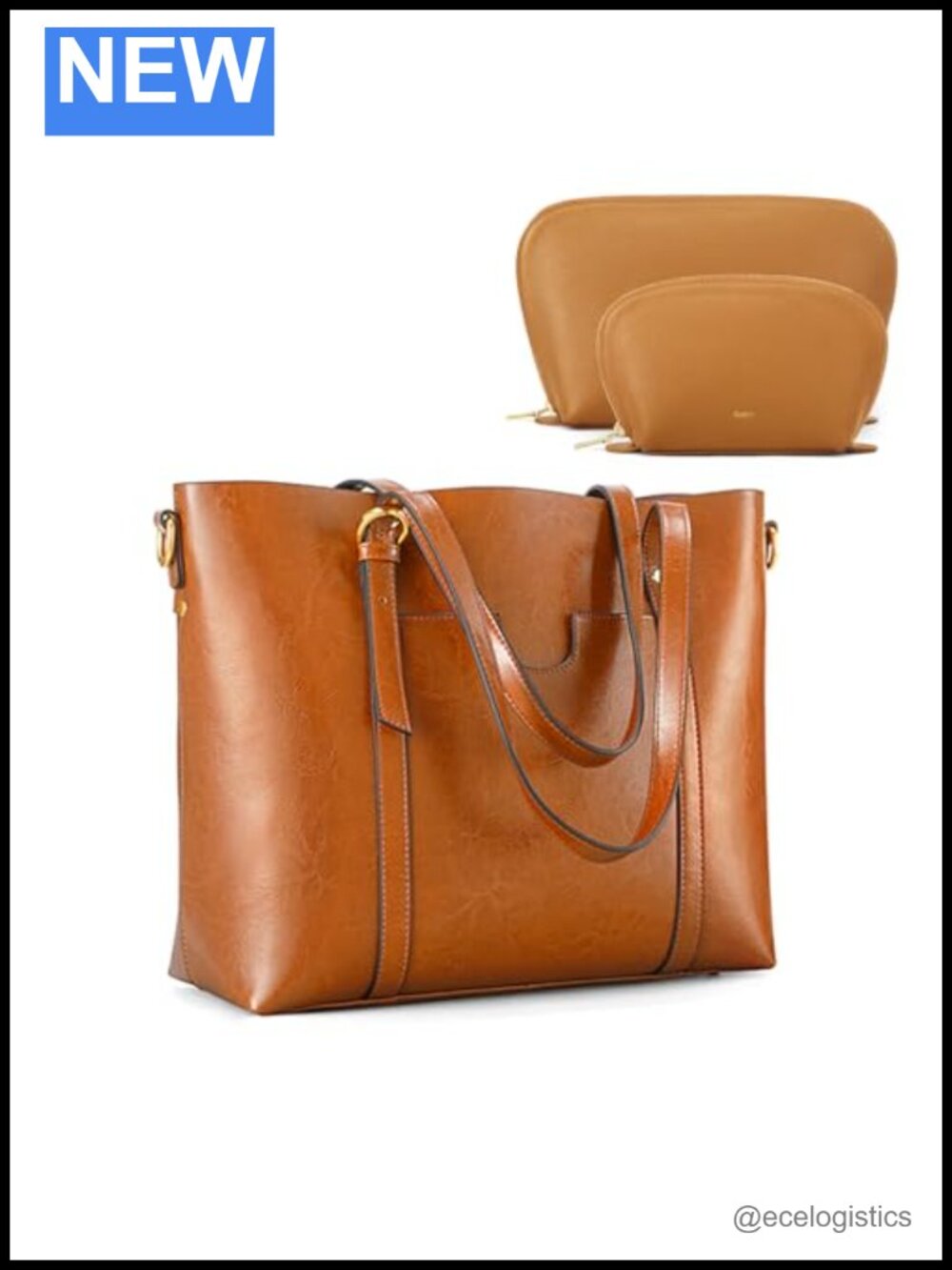 Women's Leather Tote Bag with Coordinating Cosmetic Pouch, Gift Set